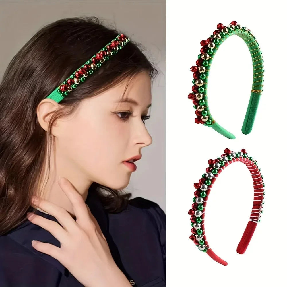 Festive Christmas Headband with Red & Green Beads, Golden Accents & Bell Charms - Hand-Wrapped Polyester Party Accessor Beauty World Shop