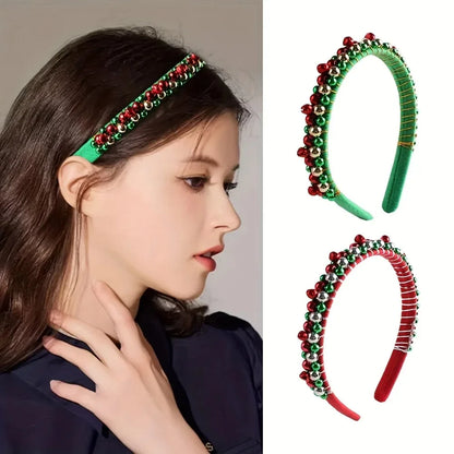 Festive Christmas Headband with Red & Green Beads, Golden Accents & Bell Charms - Hand-Wrapped Polyester Party Accessor Beauty World Shop