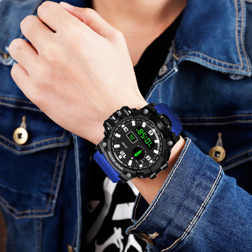 Fashion Men's Watch Sports Electronic Wristwatch Large dial Multifunctional Waterproof Luminous Alarm Kids Male's Military Watch Beauty World Shop