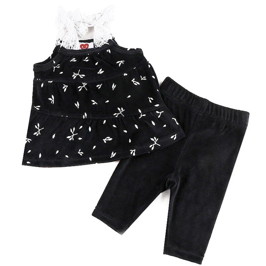 3m-36m Baby Girls' Pants Set 2 Piece Cute Blouse and Skinny Pants Black Velvet Fall Outfits Lace Bow Strap Floral Tank top THee STORE