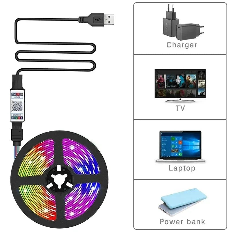 Bluetooth USB 5V RGB LED Strip Light 5050 Controller 5M Flexible Diode Lamp Tape Lights TV Background Lighting Desk Room Decor Beauty Fashion