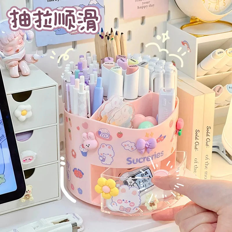 Cute Rotating Pen Holder Desktop Drawer Stationery Box Case School Office Desk Kawaii Stationery Storage Box Organizer Stickers Beauty World Shop