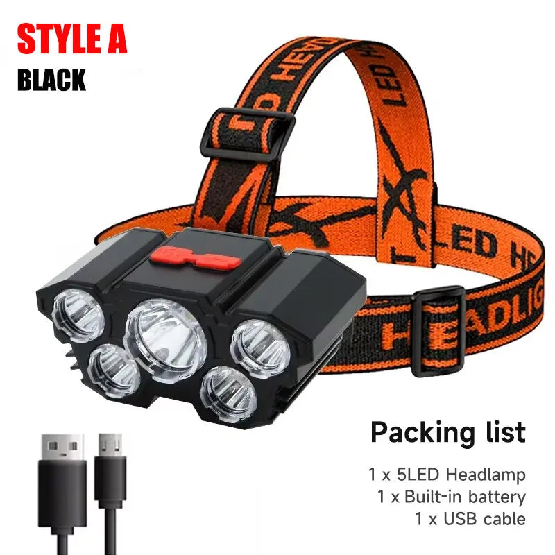 5 LED Flashlight Rechargeable with Built in Lithium Battery Strong Head Light Camping Adventure Fishing Cycling Headlamp Beauty Fashion