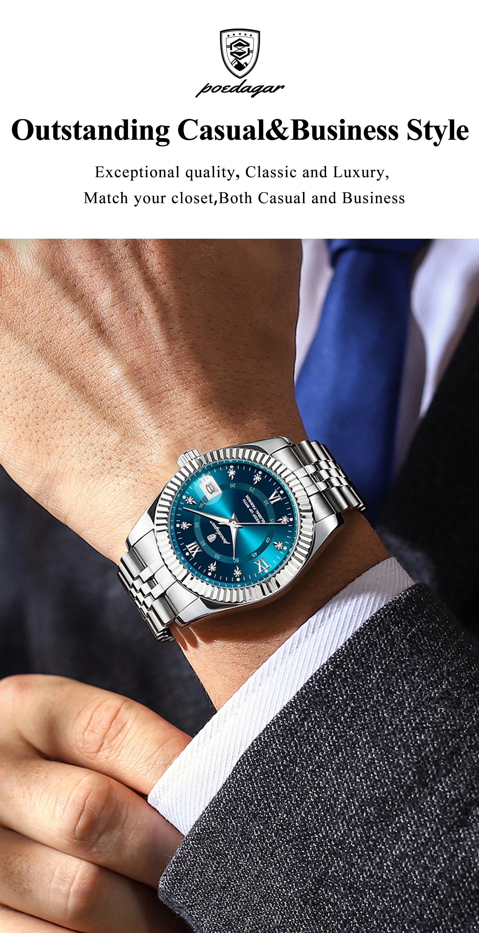 POEDAGAR Original Men Wristwatch Waterproof Luminous Date Business Man Clock Stainless Steel Quartz Military Men's Watches Reloj Beauty World Shop