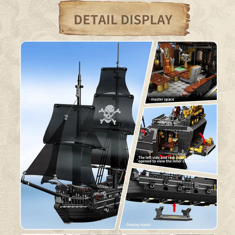 1424PCS Black Pirate Ship Building Blocks Skeleton Ghost Boat Model Assembly Bricks Toys Desktop Decoration Kids Holiday Gifts Beauty World Shop