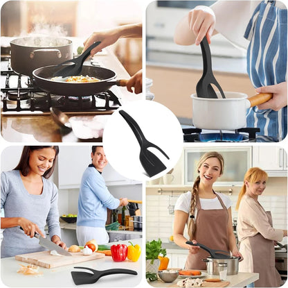 New 2 in 1 Grip Flip Spatula Tongs Egg Flipper Spatula Nylon Non Stick Coating Pancake Fish French Toast Omelet Making Tool Beauty World Shop