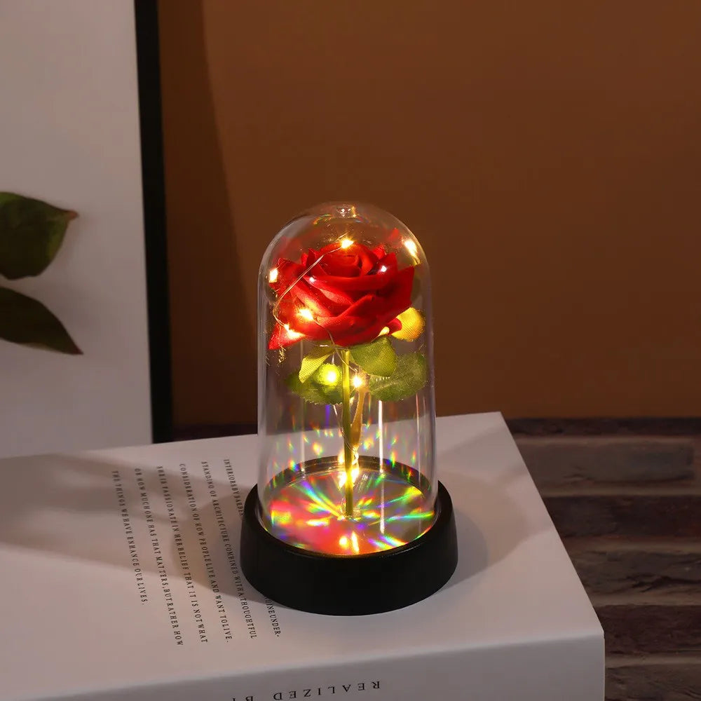 Artificial Flowers LED Red Rose Creative Valentine's Day Gift Rose in Glass Cover with Stand Light Up Rose Wedding Galaxy Rose Beauty World Shop