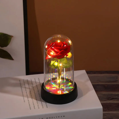 Artificial Flowers LED Red Rose Creative Valentine's Day Gift Rose in Glass Cover with Stand Light Up Rose Wedding Galaxy Rose Beauty World Shop