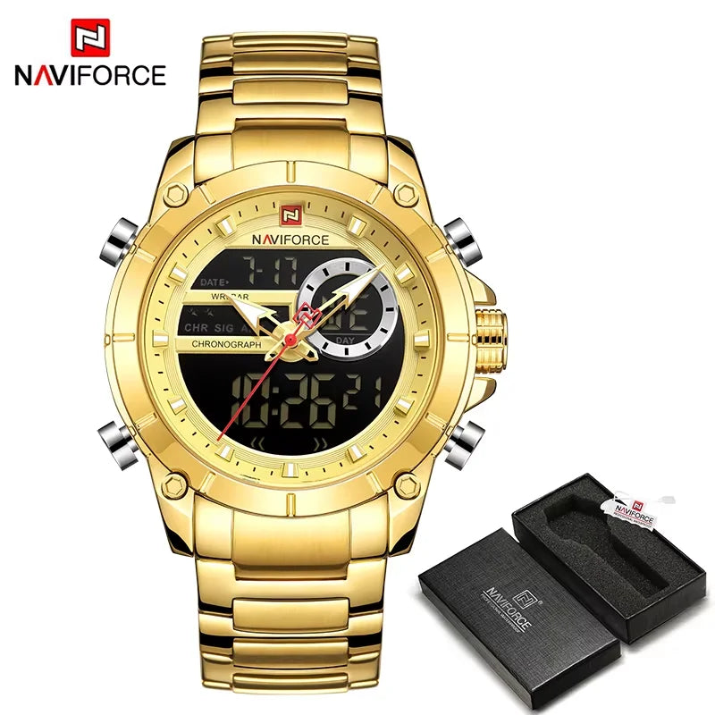 NAVIFORCE 9163 Luxury Original Sport Wrist Watch For Men Quartz Steel Waterproof Dual Display Military Watches Relogio Masculino Beauty World Shop