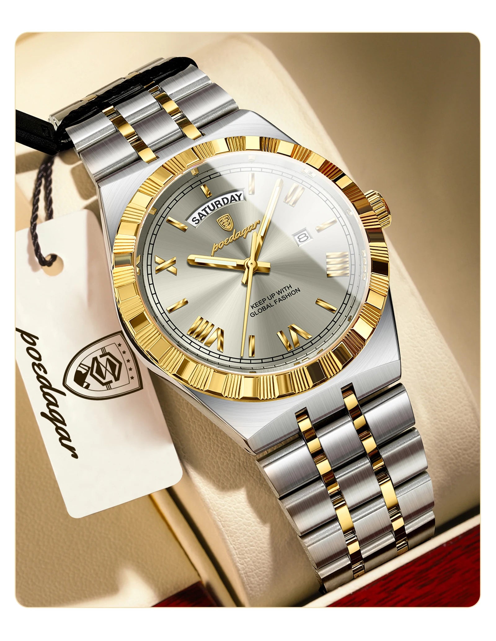 POEDAGAR Fashion Business Men's Watch Luminous Waterproof Week Date Luxury Man Wristwatch Stainless Steel Quartz Watches For Men Beauty World Shop