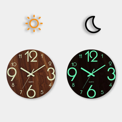12 Inch Luminous Wall Clock Wood Silent light in dark night Nordic Fashion Wall Clock Non Ticking Clock With Night Light Beauty World Shop