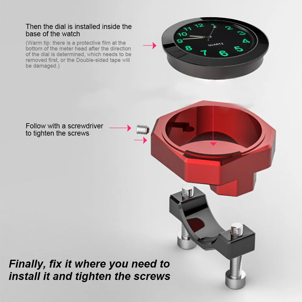 Aluminum Luminous Quartz Watch 22-28mm Motorcycle Scooter Bicycle Handlebar Mount Clock Time Display Clock Moto Accessories Beauty World Shop