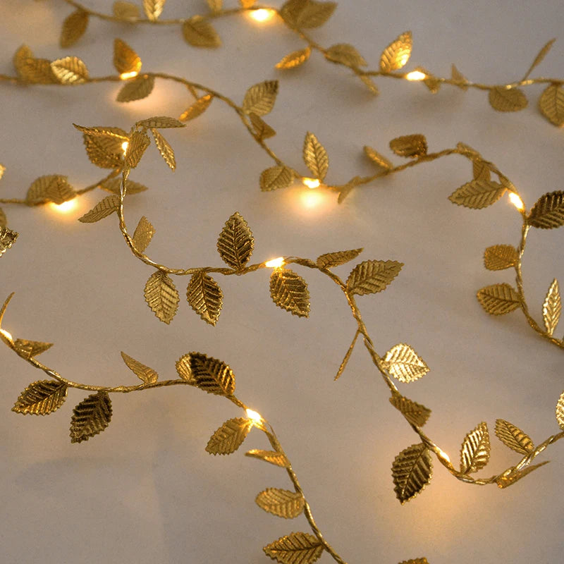 2M 20LED Golden Leaves String Fairy Lights For Wedding Birthday Party Decoration Home Garden Artificial Plant Garland Vine Light Beauty World Shop