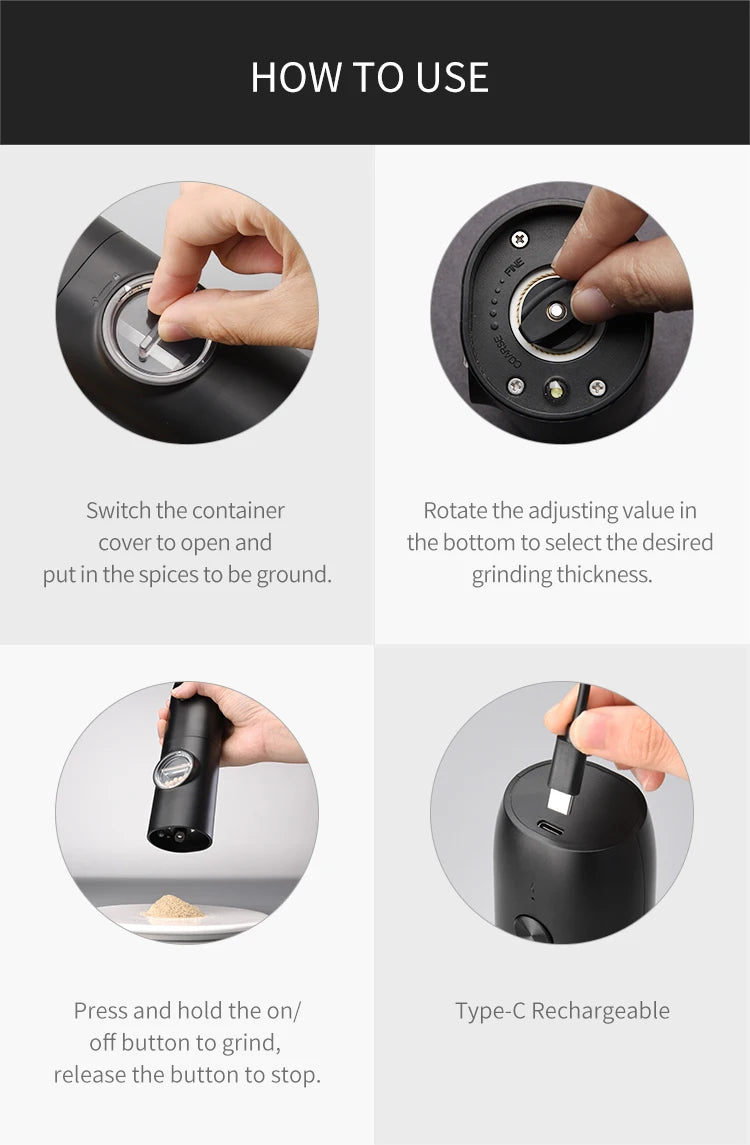 Electric Automatic Salt And Pepper Grinder Set Rechargeable With USB Gravity Spice Mill Adjustable Spices Grinder With LED Light Beauty World Shop