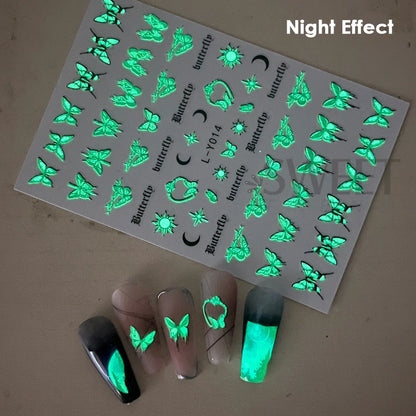 3pcs Luminous Butterfly Nail Decal Stickers Colorful Blue Butterfly Series Design Glow In The Dark Night Polish Sliders Manicure Beauty World Shop