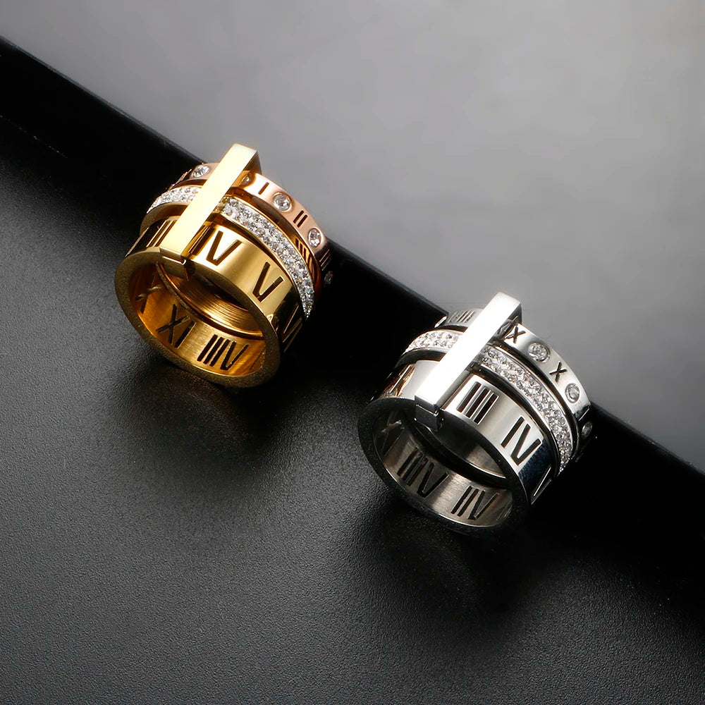 Three Layers Roman Numerals Ring for Women Luxury Stainless Steel Rotatable Crystal Finger Rings Female Wedding Trendy Jewelry Beauty World Shop