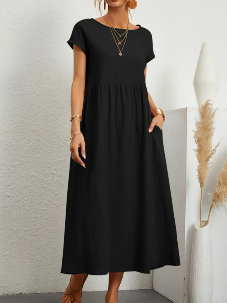 Women Elegant Solid Maxi Dress Summer Short Sleeve O Neck Vintage Harajuku Cotton Linen Loose Sundress Y2K Pockets Long Dress Beauty World Shop