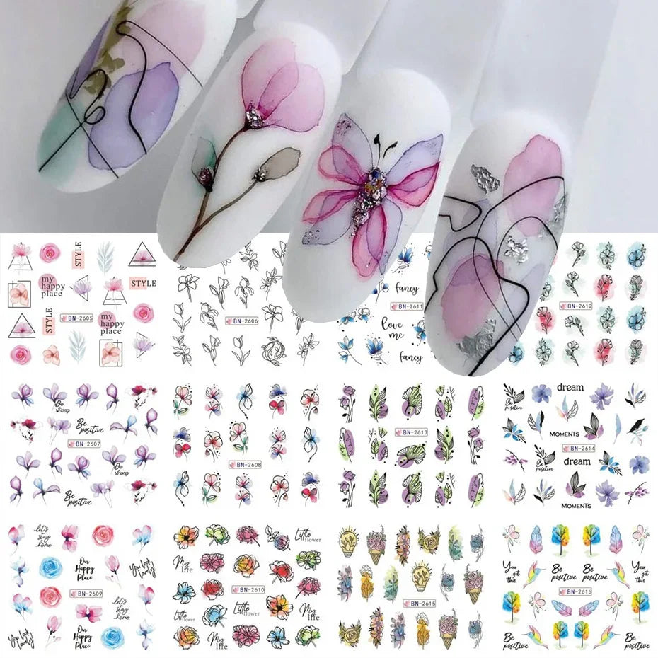 12 Pcs Summer Ink Blooming Flowers Nail Art Stickers, Water Decal Leaves Graffiti Slider Nail Decoration Beauty World Shop