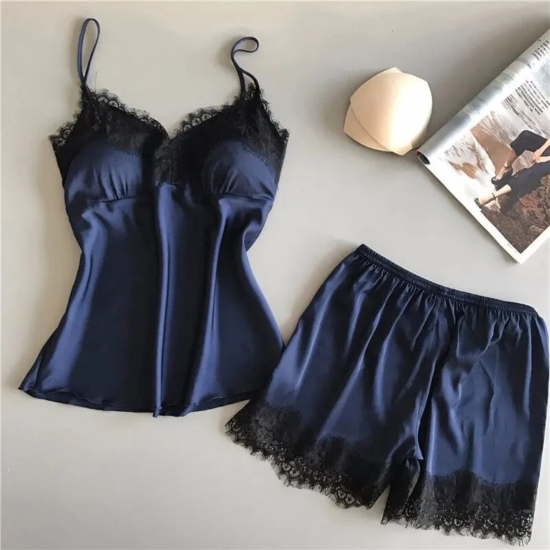 Women Pajama Suit Fashion V-Neck Lace Sexy Lingerie Pyjamas Sleep Shorts Set Sleepwear New Beauty World Shop