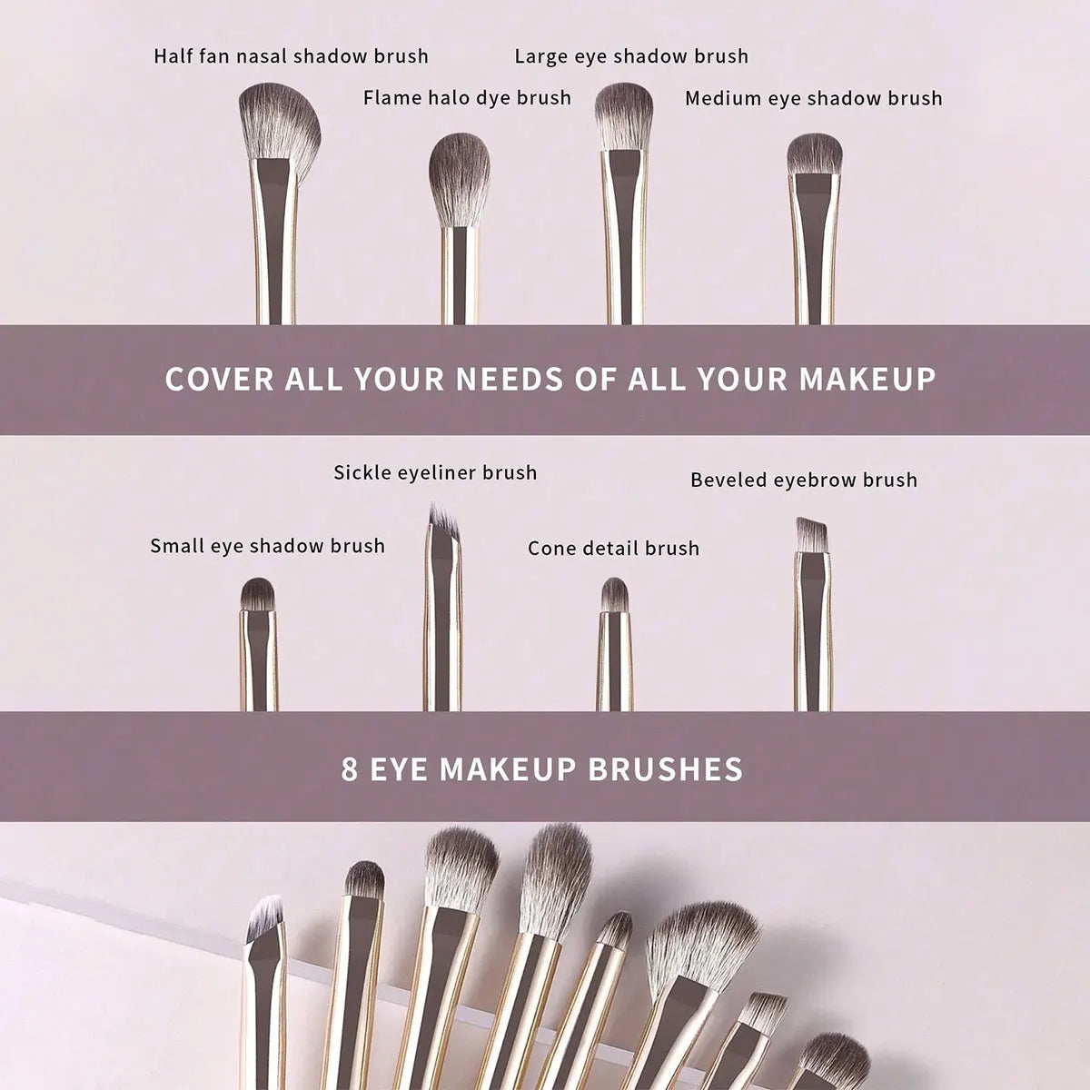 Champagne Silver Portable Eye Makeup Brush Set, 8pcs/Pack Beauty World Shop