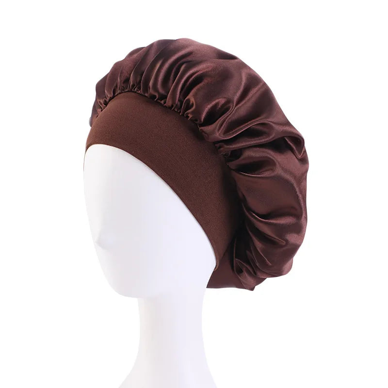 New Women's Satin Solid Wide-brimmed Sleeping Hat Unisex Head Wrap Elastic Band Cap Hair Care Bonnet Night Hat bonnet de nuit Beauty Fashion