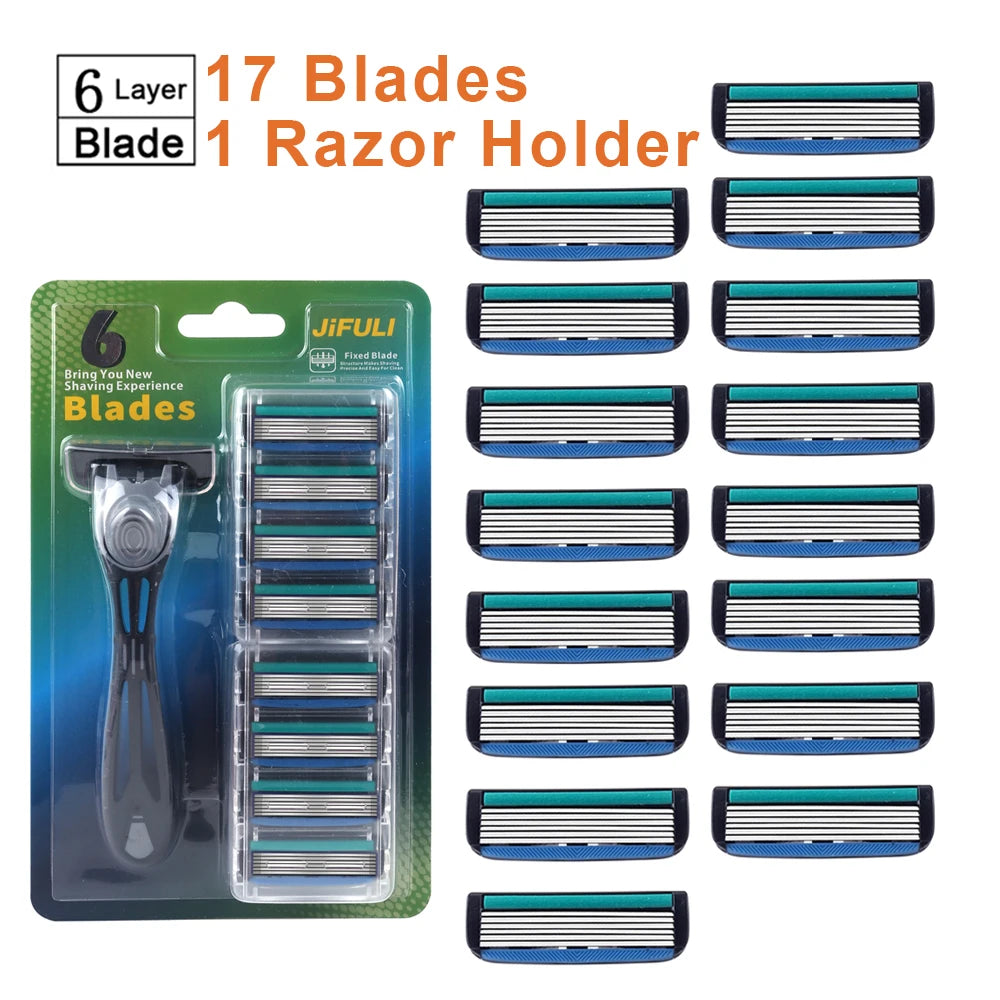 1 Handle + 12 / 17 Blades/ Men Women Manual Safety razor 6-Layer Stainless Steel Hair Removal Shaving Replaceable Shaver Head Beauty World Shop