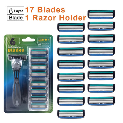 1 Handle + 12 / 17 Blades/ Men Women Manual Safety razor 6-Layer Stainless Steel Hair Removal Shaving Replaceable Shaver Head Beauty World Shop