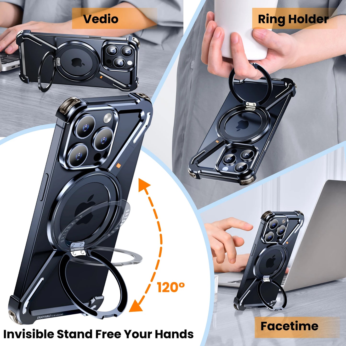 Oatsbasf Z Shape Metal Phone Case for iPhone15 /16 Pro Max Phone Protective Cover Shockproof Bumper w/360° Rotation Holder Beauty World Shop