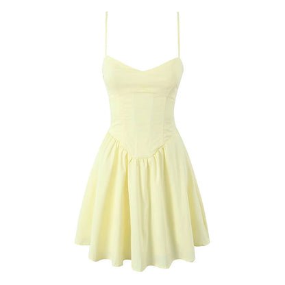 YENKYE Sexy Elegant Women Fishbone Waist Shaping Sling Mini Dress Lace Up Back Fit And Flare  Summer Party Dresses Yellow Robe Beauty World Shop