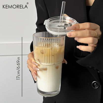 600ML Stripe Glass Coffee Cup With Lid and Without Cover Straw Transparent Drinking Glasses for Juice Iced Coffee Mugs Drinkware Beauty World Shop