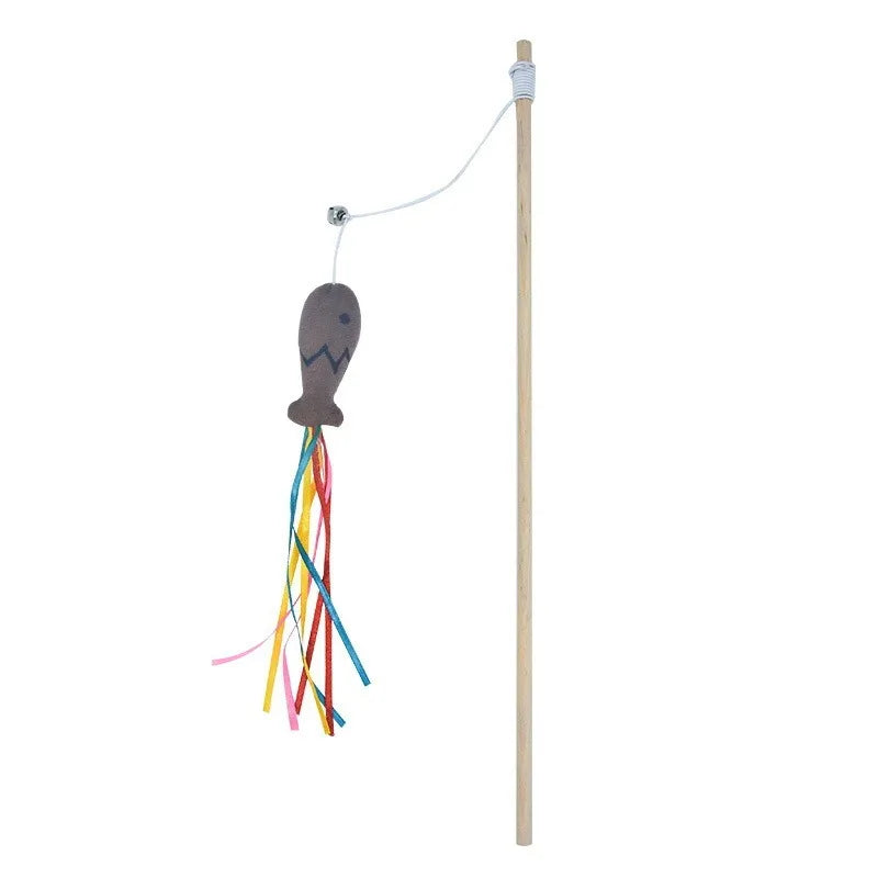 Fashion Cat Wand Toy Natural WoodenTeaser Wand for Cat Interactive Elastic String Cat Stick Pole Toy for Indoor