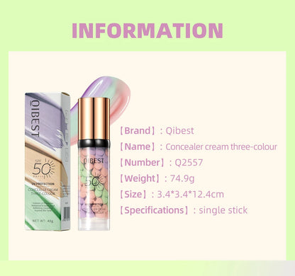 Qibest Three Color Press Release Cream Concealer Isolate Makeup Facial Base Brightening Cream Liquid Concealer Face Primer