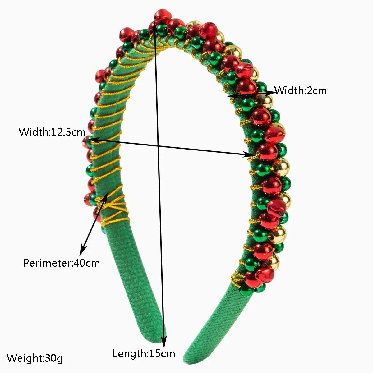 Festive Christmas Headband with Red & Green Beads, Golden Accents & Bell Charms - Hand-Wrapped Polyester Party Accessor Beauty World Shop