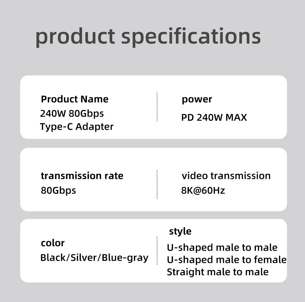 USB4.0 PD240W 8K60Hz Charger Connector for  80Gbps High Speed USB C OTG U-Shape Straight Angle dapter For Macbook iphnoe15/16