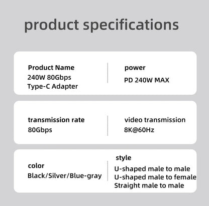 USB4.0 PD240W 8K60Hz Charger Connector for  80Gbps High Speed USB C OTG U-Shape Straight Angle dapter For Macbook iphnoe15/16
