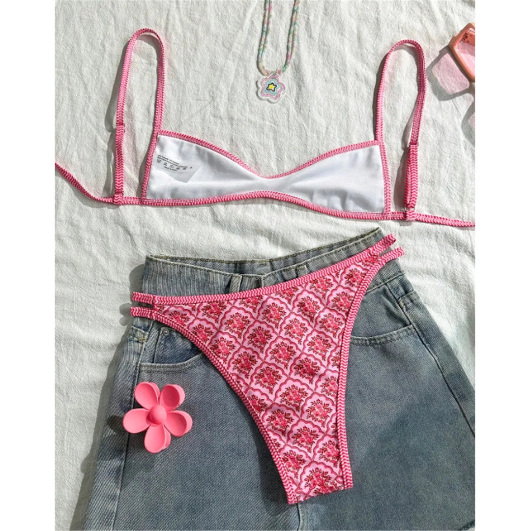 S - XL Flowers Printed High Leg Cut Bikini Female Swimsuit Women Swimwear Two-pieces Bikini set Bather Bathing Suit Swim V6965 Beauty World Shop