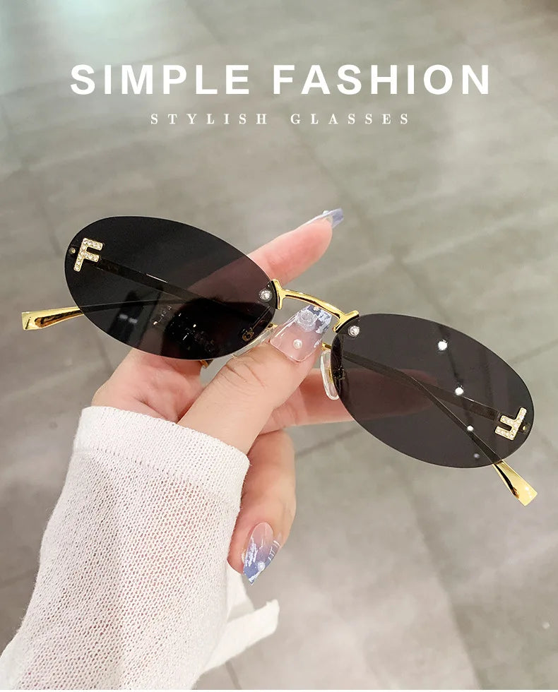 Fashion Rimless Sunglasses Women UV400 Oval Elegant Diamond F Sun Glasses Retro Eyewear Beauty World Shop