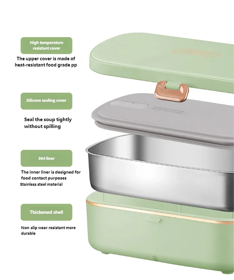 HOMEFISH Stainless Steel Electric Lunch Box Food Warmer Bento Box Water-Free Heating Office Lunch Container with Built-In Heater Beauty World Shop