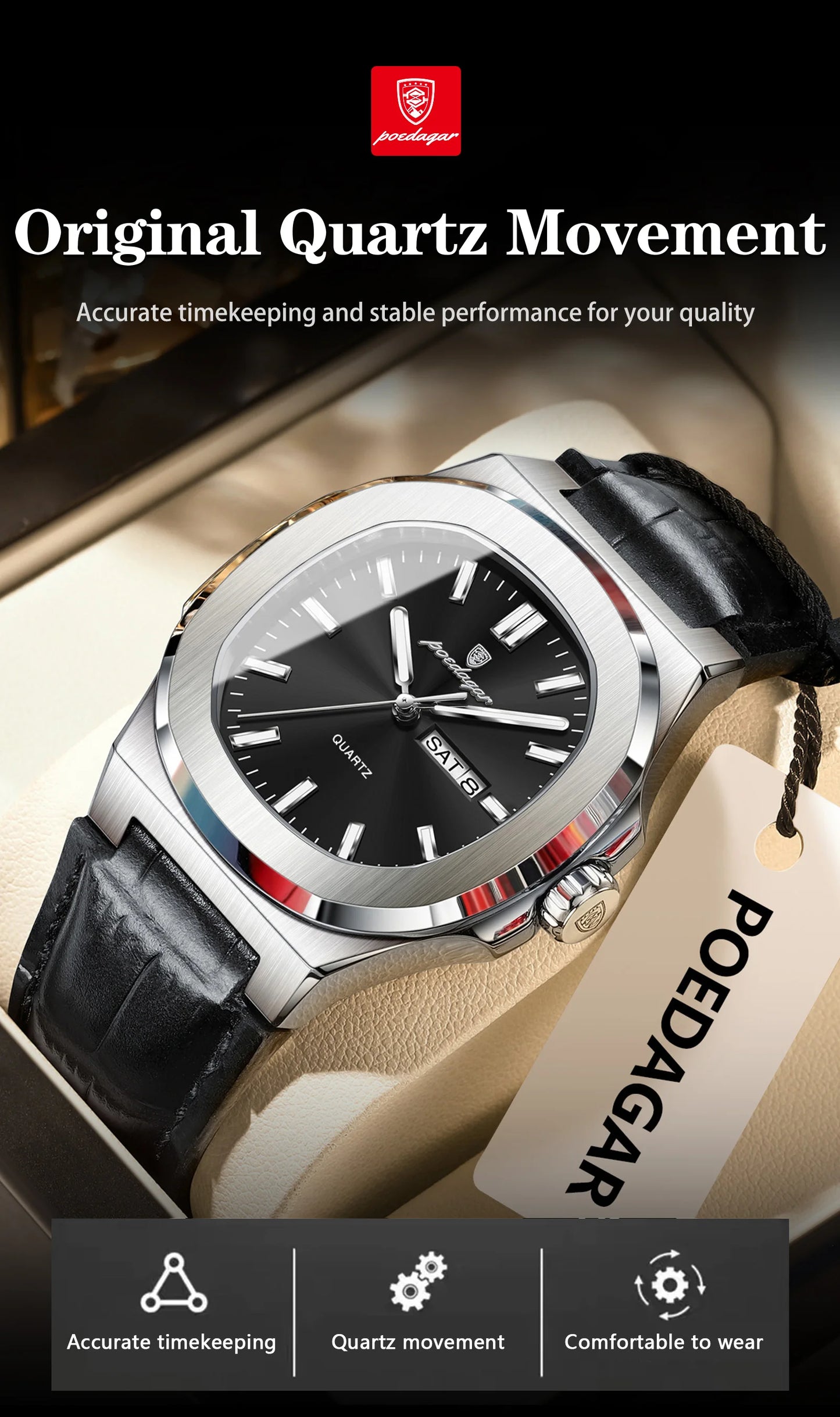 POEDAGAR Square Wristwatch For Men Luminous Waterproof Week Calendar Luxury Man Clock Leather Quartz Fashion Men's Watches Reloj Beauty World Shop