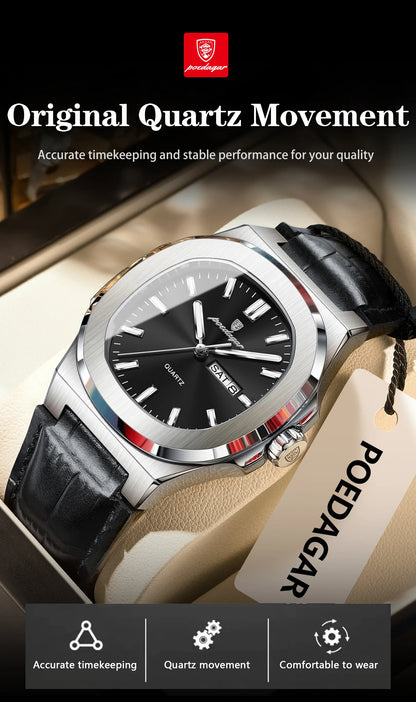 POEDAGAR Square Wristwatch For Men Luminous Waterproof Week Calendar Luxury Man Clock Leather Quartz Fashion Men's Watches Reloj Beauty World Shop