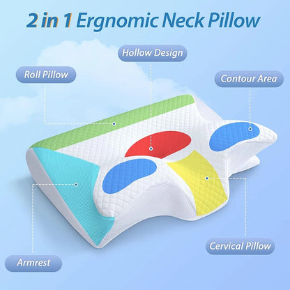 1pc Memory Foam Cervical Pillow, 2 in 1 Ergonomic Contour Orthopedic Pillow for Neck Pain, Contoured Support Pillows,Neck Pillow Beauty World Shop