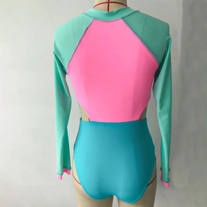 New Patchwork One-Piece Swimsuit Long Sleeve Swimwear Sports Backless Women's Swimming Bathing Suit Beach Wear Bather Surfing Beauty World Shop
