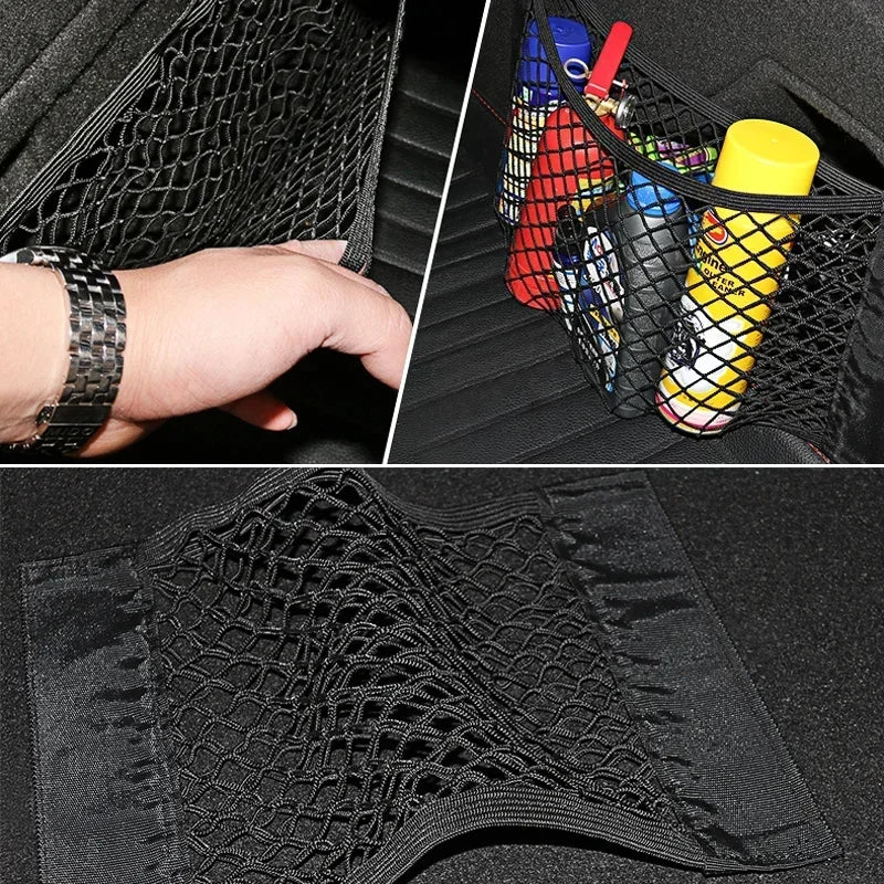Car Storage Net Stretchable Mesh Pocket Net Magic Elastic Sticker Universal Rear Mesh Trunk Seat Bag Pocket Cage Auto Organizer Beauty World Shop