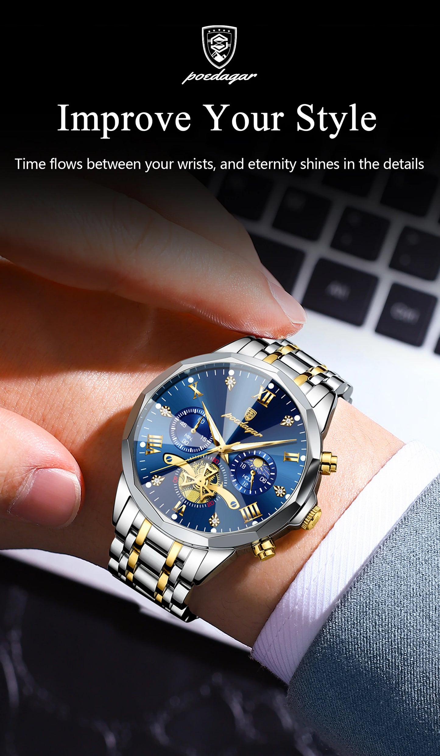 POEDAGAR Original Luxury Men's Watch Waterproof Luminous Chronograph Men Wristwatch Stainless Steel Quartz Watches For Man Reloj Beauty World Shop