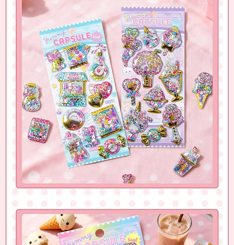 Kawaii Capsule Sparkling 3D Stickers Scrapbooking Diy Journal Stationery Sticker Cute Deco Art School Supplies Beauty World Shop