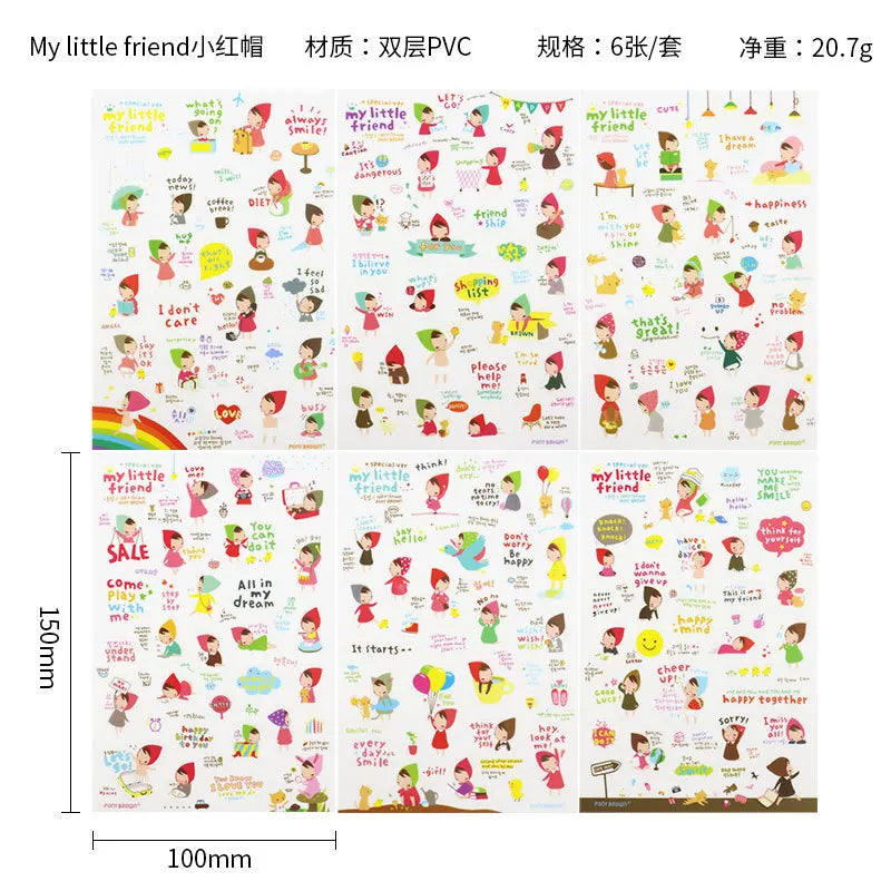 6Pieces/Set Transparent Pvc Waterproof Cartoon Sticker DIY Hand Account Decorative Stickers Kawaii Phone Cup Stickers Beauty World Shop