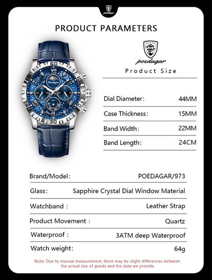 POEDAGAR Top Functional Luxury Man Wristwatch Waterproof Luminous Chronograph Leather Sports Watches For Men Quartz Men's Watch Beauty World Shop