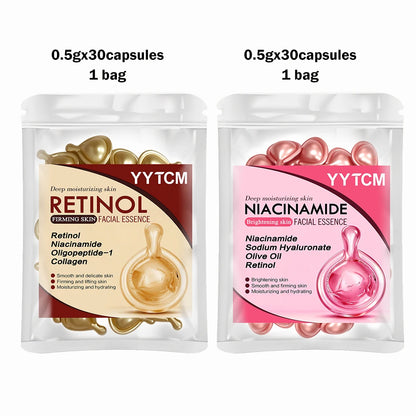 Niacinamide Facial Essence Capsules, Containing Retinol, Olive Fruit Oil, Gardenia Extract, Brighten Skin Tone, Moisturize and Hydrate, and Smooth and Soften Skin (0.5Gx30 Capsules)/Bag-1 Bag Beauty World Shop