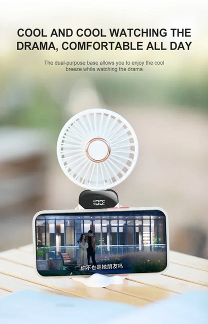 Portable Handheld Mini Fan Foldable Neck Hanging Fans 5 Speed USB Rechargeable Fan with Phone Stand and Display Screen 1800mAh Beauty World Shop