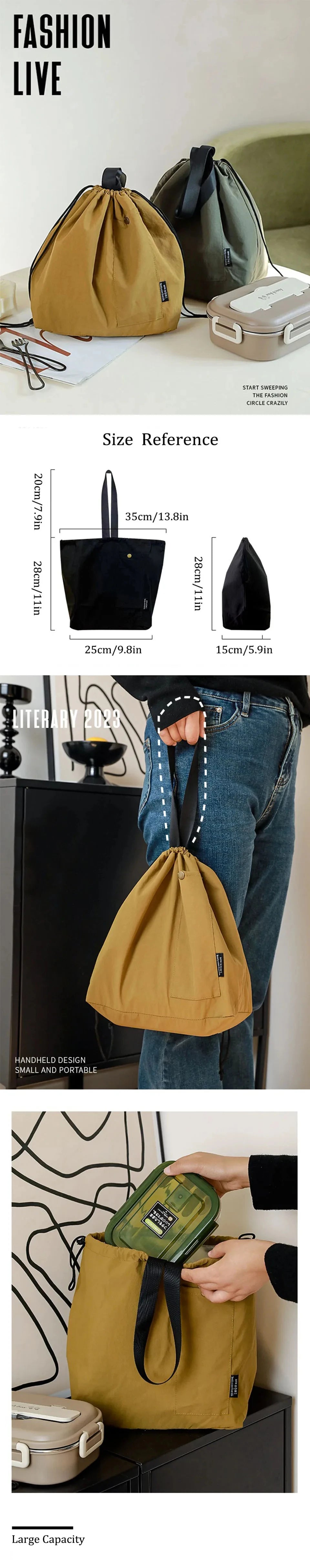 Japanese Korean Lunch Bag Cotton Canvas Large Solid Color Drawstring Portable Thermal Insulated Picnic Storage Bento Box Bag Beauty World Shop